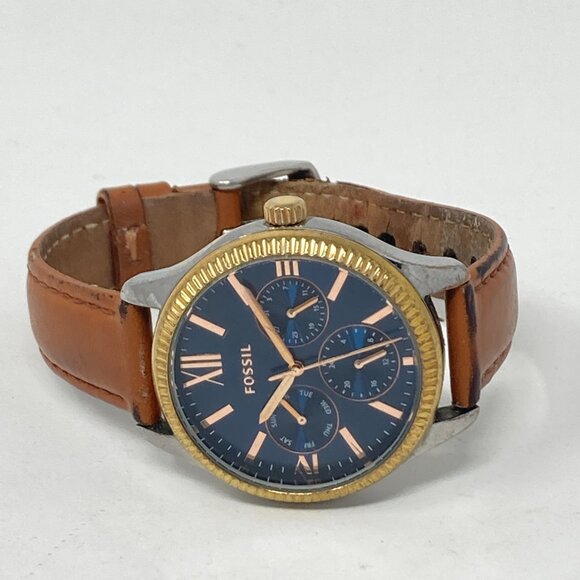 Fossil Rye Watch Women 36mm Silver Gold Tri Tone Blue Dial BQ3765 New Battery main image 16